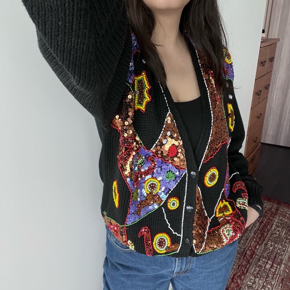 VINTAGE 80’s Multicoloured Beaded  Cardigan Sweater - Picture 5 of 12